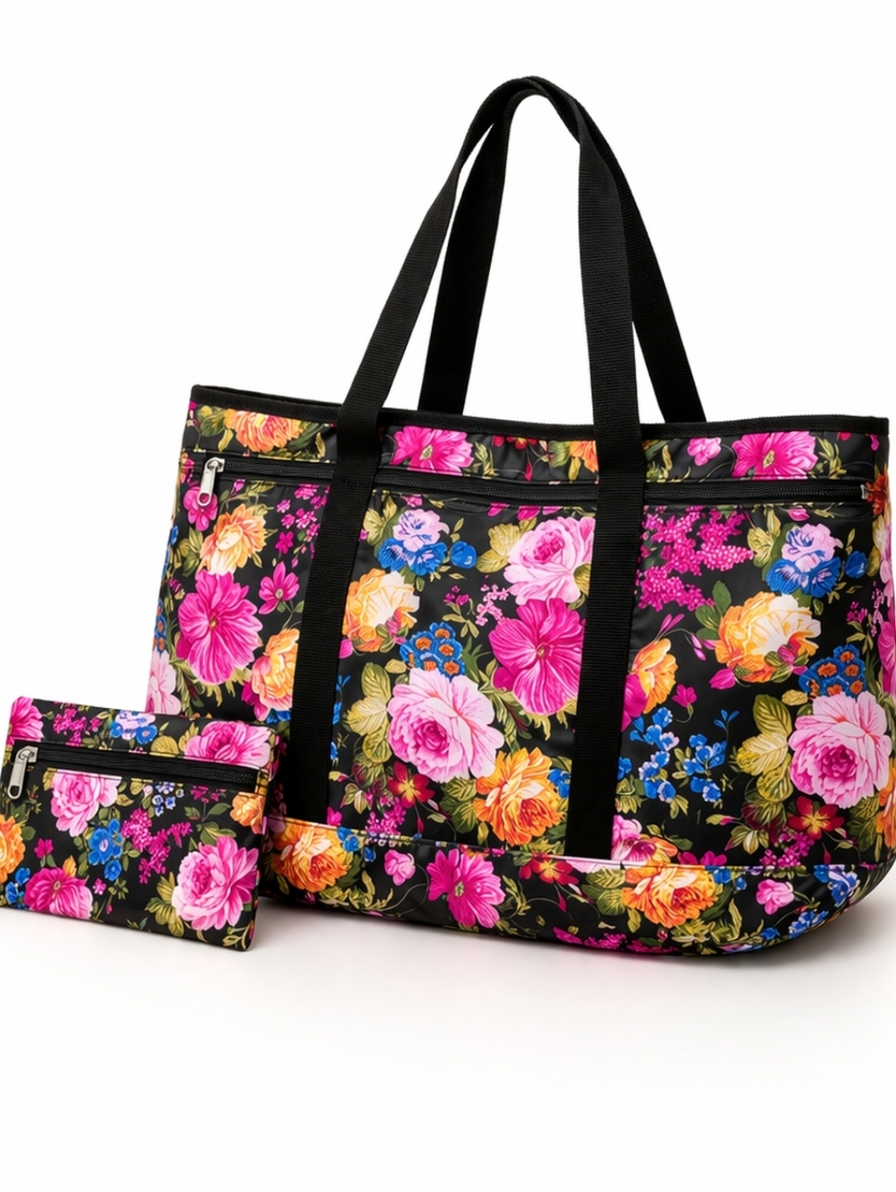 Floral Weekender Tote Bag with small coin purse - Black Pink Multicolor